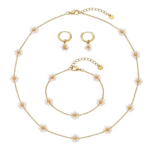 Daisy Pearl Jewelry Set for Women, 14K Gold Plated Stainless Steel Necklace Bracelet Earring 3 Piece Set, Dainty Pearl Choker Flower Necklace Birthday Gift for Her - color: Gold Pearl White