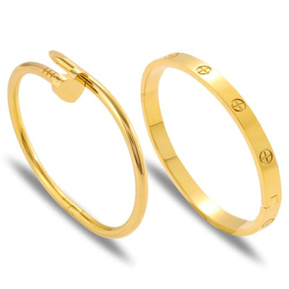 Gold Bangle Bracelets for Women -2PCS Friendship & Love Bangle Bracelet Clover Nail Bracelet Stack Set Trendy Non-Tarnish Stainless Steel Jewelry Gifts for Mom Wife Her - color: Gold-B