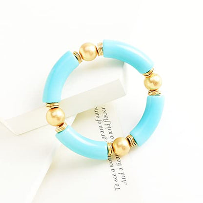 LALAPPLE Gold Plated Beaded Acrylic Bamboo Tube Bangle Bracelets for Women, Colorful Chunky Curved Tube With Gold Plated Pieces Beads Stretch Bracelet Friendship Summer Beach Jewelry - color: N-Blue