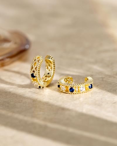 Ear Cuff for Women, 14K Gold/White Gold Plated Ear Cuffs Non Piercing Hypoallergenic Jewelry Gift - color: sapphire gold