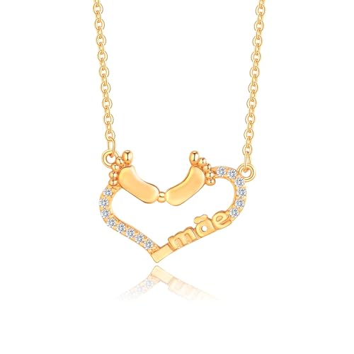 Gold Plated Pendant Necklaces for Women Cubic Zirconia Accent 18 Inch Adjustable Chain Hypoallergenic Gift for Wife Mom Birthday Valentines Day - style: Footprint love heart