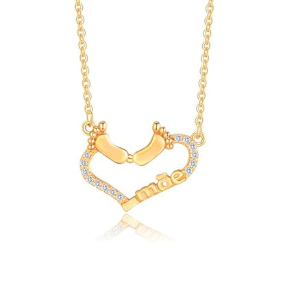 Gold Plated Pendant Necklaces for Women Cubic Zirconia Accent 18 Inch Adjustable Chain Hypoallergenic Gift for Wife Mom Birthday Valentines Day - style: Footprint love heart