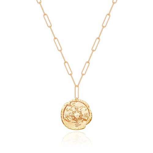 Aobei Pearl 18K Gold Plated Pendant Necklace for Women Dainty Gold Chain Choker Love Heart Disc Coin Pearl Cross Toggle Jewelry - style: Compass Coin Pendant