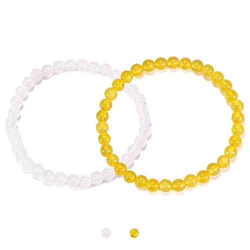 2PCS Agate Bracelet for Women Men Natural Round Beaded Agates Stone Healing Stretch Bracelets Elastic Handmade Polished Gemstone Beads Bracelet - color: White+Yellow, size: 6mm Beads