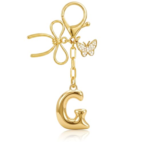 Gold Bubble Heart, Cherry, Bow & More Designs Letter Initial Keychain Bag Charms – Cute Purse Charms for Handbags - color: Bow & Butterfly, style: G