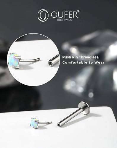 OUFER 2PCS 16G/20G Nose Lip Studs, G23 Solid Titanium Threadless Push in Nose Nostril Lip Labret Medusa Monroe Helix Cartilage Tragus Conch Lobe Piercing Jewelry for Women Men - color: Silver bar, Claw Opal, size: 2pcs, 16g 8mm, 2.5mm Opal