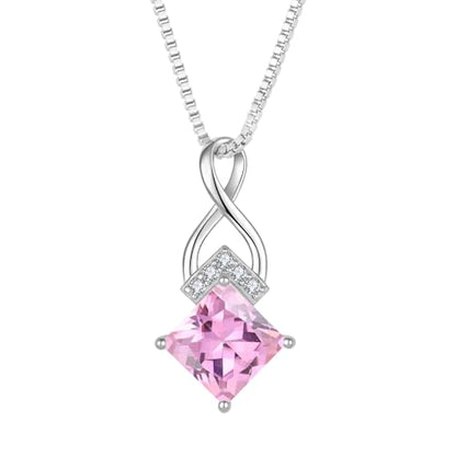 Infinity Necklace 925 Sterling Silver Princess Cut Pendant Birthstone Jewelry for Women - color: Pink