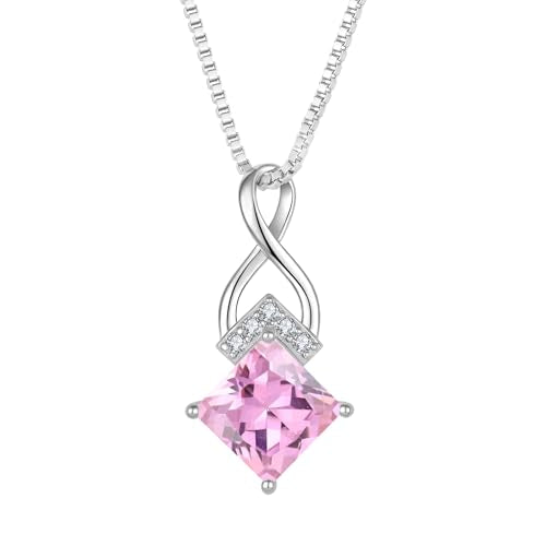Infinity Necklace 925 Sterling Silver Princess Cut Pendant Birthstone Jewelry for Women - color: Pink