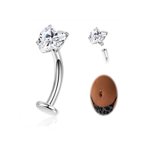 NICEIGHT 14G F136 Pure Titanium Floating Belly Button Rings for Women Petite Flat Back CZ Belly Rings Opal Barbell Heart Curved Navel Ring Internally Threaded Belly Piercing Jewelry 8/10/12/14mm - color: Silver-Heart CZ, size: 14mm (Longer)