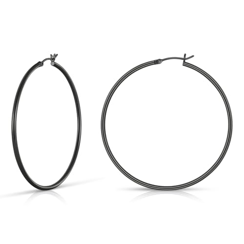 Gold Hoop Earrings for Women 14K Gold Plated | 925 Sterling Silver Post Hypoallergenic Hoop Earrings - color: Black, size: 60mm