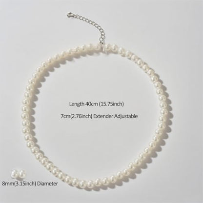 Pearl Necklace Dainty Round Choker Wedding Delicate Jewelry for Women Simple Bridesmaid Jewelry Gifts - style: 8mm(3.15in) Silver Pearl