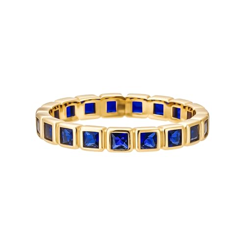 CAITLYNMINIMALIST Minimalist Eternity Bezel Gold Birthstone Ring, Dainty Stacking Gemstone Ring for Her, 18K Gold Plated Summer Jewelry, Personalized Gift for Her - color: Sapphire