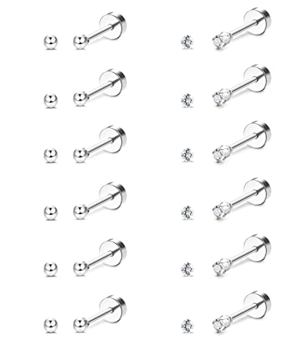FIBO STEEL 12 Pairs 20G Cartilage Earrings Stud for Women Men Stainless Steel Tiny 2mm & 3-8mm Studs CZ Round Ball Flatback Earring Set