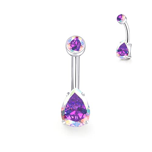 limerencia 14G G23 Titanium Belly Button Ring with Small Teardrop Cubic Zirconia 10mm Internally Threaded Navel Piercing Jewelry - color: Aurora Borealis