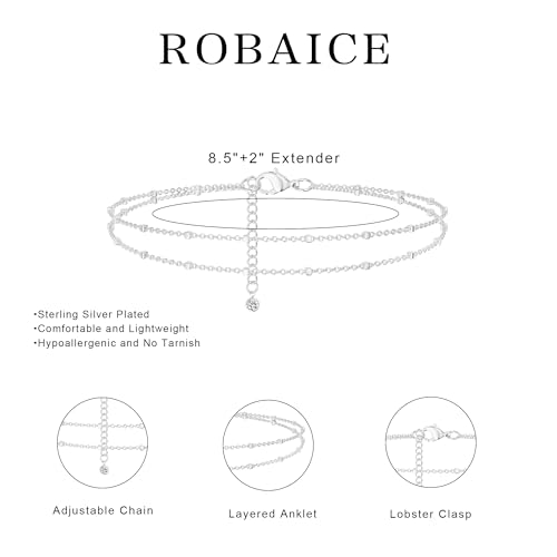 Robaice Ankle Bracelets for Women, 14K Gold Plated/Silver Layered Anklets | Waterproof Adjustable Anklet for Women, Summer Beach Anklet, Glitter Jewelry for Women Gifts - color: Silver-1