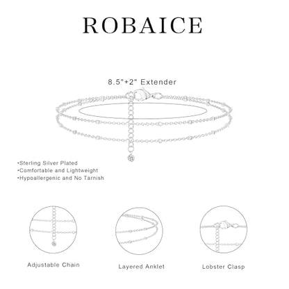 Robaice Ankle Bracelets for Women, 14K Gold Plated/Silver Layered Anklets | Waterproof Adjustable Anklet for Women, Summer Beach Anklet, Glitter Jewelry for Women Gifts - color: Silver-1