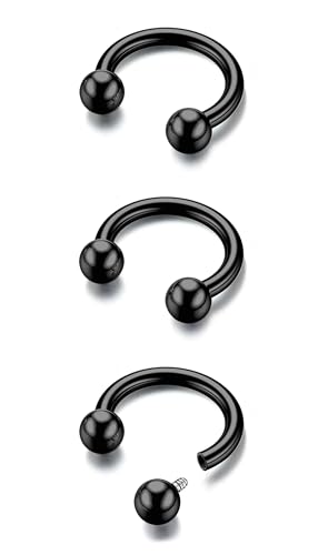 G23 Titanium 14/16/18/20G Septum Rings Horseshoe Nose Ring Jewelry | 2/3Pcs Circular Barbell Spike Lip Body Piercing Jewelry Conch Helix Tragus Earring Silver/Black 8/10/12mm 14K Gold Plated - color: Black-3pcs, size: Balls-3pcs-16g-8mm
