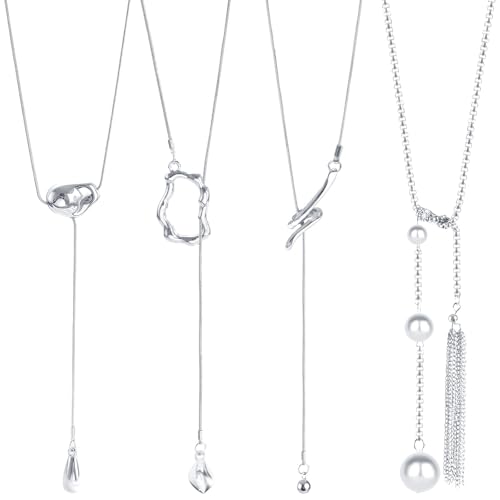 CHICUTIE Long Y Gold Necklace for Women, 14k Gold Plated Lariat Y-Shaped Chunky Pendant Necklaces Trendy Dainty Drop Necklaces Jewelry for Women Gifts - color: Silver