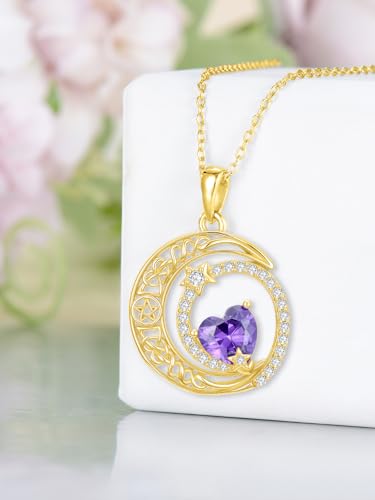 Midari 18K Yellow Gold Sun Moon Star Pendant Rose Flower Necklaces I Love You Forever Sun Moon Jewelry Gift for Mother Women - color: 02-Feb-Amethyst, style: Moon&Star