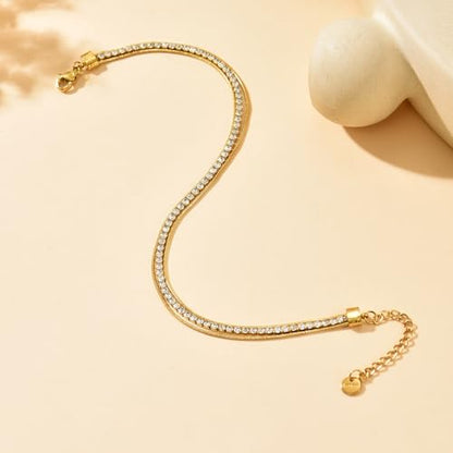Anklets for Women, 18K Gold Plated Dainty Ankle Bracelets with Tennis, Pearl, Daisy, Lip, Snake Chain, Layered CZ Anklet Waterproof, Adjustable Boho Summer Beach Foot Jewelry - style: 3 Layer Snake Chain