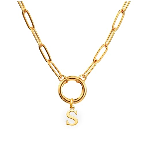Paperclip Chain Carabiner Initial Charm Holder Necklace by Ginger Lyne | 18K Gold-Plated or Silver Tone Paperclip Chain with Carabiner Charm Holder, Adjustable 18-20 Inch, A-Z Initial Pendant - color: Gold-S