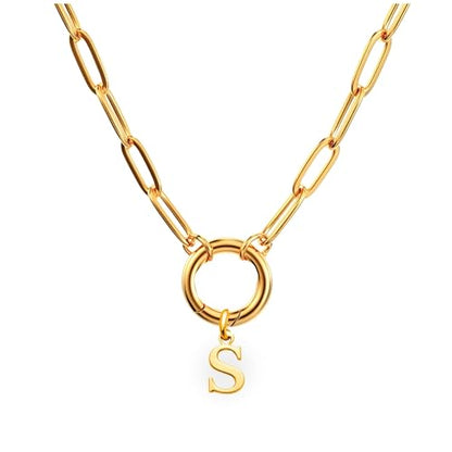 Paperclip Chain Carabiner Initial Charm Holder Necklace by Ginger Lyne | 18K Gold-Plated or Silver Tone Paperclip Chain with Carabiner Charm Holder, Adjustable 18-20 Inch, A-Z Initial Pendant - color: Gold-S