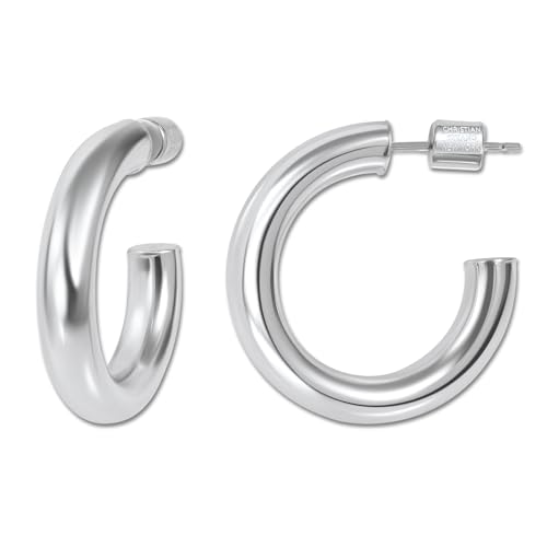 18K Gold Plated Sterling Silver Earrings for Women – Pure & Polished, Twist, Square, Hinged Tube, Abstract & Heart Shape Hoops – Lightweight, Hypoallergenic, Non-Tarnish Jewelry (Sizes: 3x35mm-46x30mm) - color: Silver, size: Polish Hoop (5x25mm)