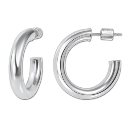18K Gold Plated Sterling Silver Earrings for Women – Pure & Polished, Twist, Square, Hinged Tube, Abstract & Heart Shape Hoops – Lightweight, Hypoallergenic, Non-Tarnish Jewelry (Sizes: 3x35mm-46x30mm) - color: Silver, size: Polish Hoop (5x25mm)