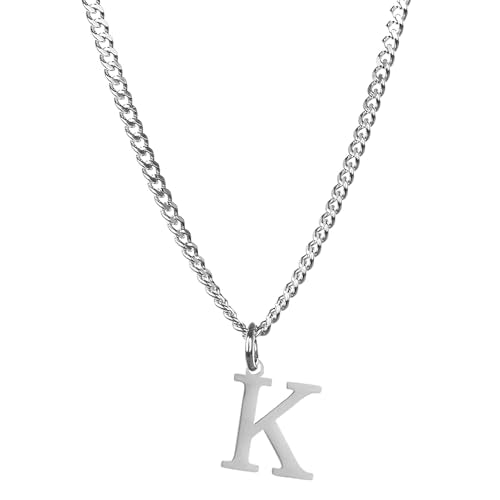 Men’s Minimal Initial Necklace, Stainless Steel Gold Silver Tone 26 Letters Pendant Necklace for Men Women 3.5mm Cuban Chain Waterproof - style: K
