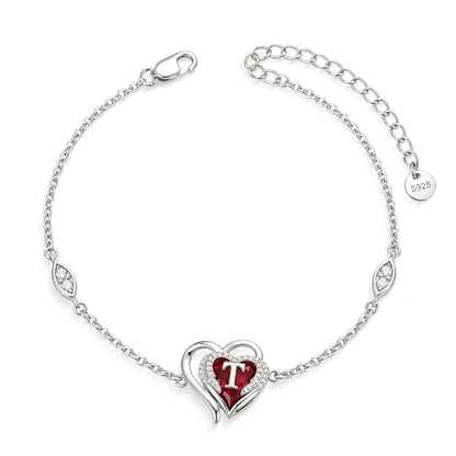 Initial Bracelet for Women 925 Sterling Silver Heart Angel Wings Initial Bracelet Anniversary Birthday Mothers Day Jewelry for Mom Her Wife - color: T