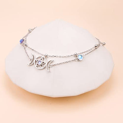 Ladytree S925 Sterling Silver Boho Beach Double Layer Anklets Bracelet for Women Adjustable 9 to 11 inches