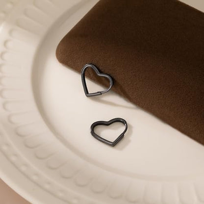 Reffeer Solid 925 Sterling Silver Heart Earrings Hoop Minimalist Sleeper Huggie Earrings For Women - color: D-VBlack