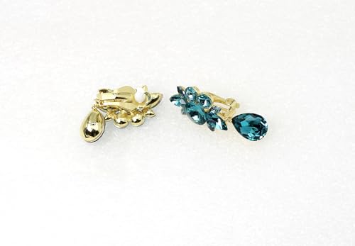 Faship Statement Dangling Floral Clip On Earrings For Women - color: Teal / 14K gold plated