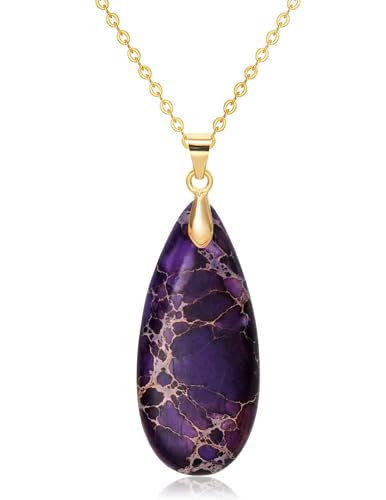 Stone Necklaces for Women Teardrop Gemstone Pendant Necklace Natural Stone Chain Necklaces - color: Purple Gold