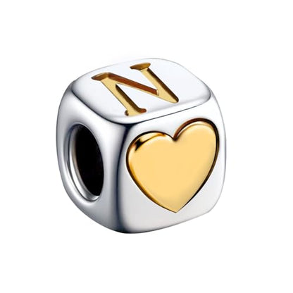 KunBead Initial A-Z Letter Gold Heart Alphabet Love Bead Birthday Charms Compatible with Pandora Charm Bracelet for Women - style: Letter N