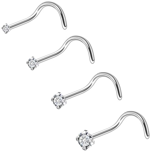 ASTM F136 Titanium Nose Rings 18G 20G 22G Clear Round Cubic Zirconia Nose Studs Ring Screw L-Shaped Bone Hypoallergenic Body Piercing Jewelry for Women 1.5mm 2mm 2.5mm 3mm 4PCS - style: Screw:18G(1.0mm)