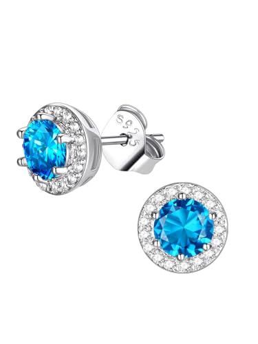 FindChic Birthstone Earrings for Women, Round/Heart/Square/Teardrop Earrings with 925 Sterling Silver Posts & Push Backs, Hypoallergenic Studs with Cubic Zirconia, 12 Months Jewelry with Gift Box - style: 12. December-Blue Topaz (Round)