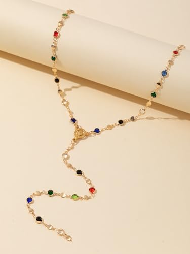 Colorful Crystal Long Necklace for Women Dainty Boho Y-Shaped Color Bead Necklaces Sparkly Rhinestone Pendant Layered Gold Long Chain Choker Good Luck Trend Jewelry Gift Jewelry - color: Head-Gold