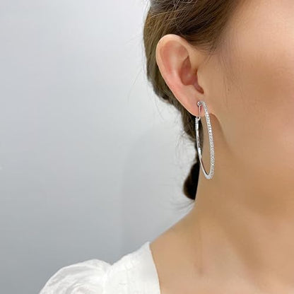 Gold Clip On Hoop Earrings for Women Large Rhinestone Statement Hoops Non Pierced Earrings Wedding Bridesmaid Party Jewelry - color: A2:silver earrings（4cm）