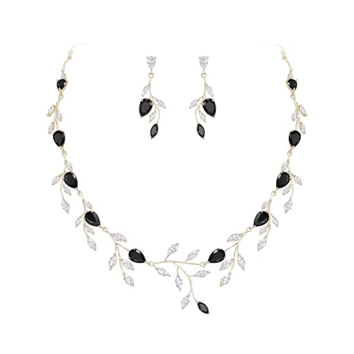 Cubic Zirconia Leaf Vine Wedding Jewelry Set for Bride Women Bridesmaid | Pear-Shaped Birthstone, Necklace Dangle Earrings for Bridesmaid, Silver-Plated-Brass - color: 2pcs_Black Gold-Plated-Brass