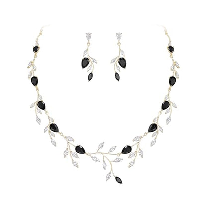 Cubic Zirconia Leaf Vine Wedding Jewelry Set for Bride Women Bridesmaid | Pear-Shaped Birthstone, Necklace Dangle Earrings for Bridesmaid, Silver-Plated-Brass - color: 2pcs_Black Gold-Plated-Brass