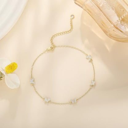 Anklets for Women Waterproof 14K Gold Plated Beach Ankle Bracelets | Dainty Summer Butterfly Clover Anklet Non Tarnish, Heart Bow Anklet, Layered Beach Jewelry, Accessories for Women Trendy - color: Gold 7