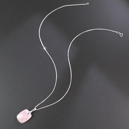 iSTONE 925 Sterling Silver Natural Crytral for Womens Pendant Necklace, Gemstone Birthstone with 17.8" Silver Chain Ladies - color: Rectangle - Rose Quartz