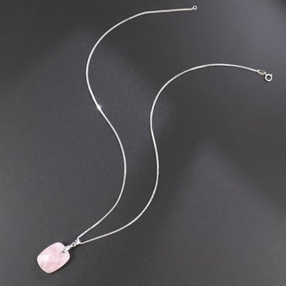 iSTONE 925 Sterling Silver Natural Crytral for Womens Pendant Necklace, Gemstone Birthstone with 17.8" Silver Chain Ladies - color: Rectangle - Rose Quartz