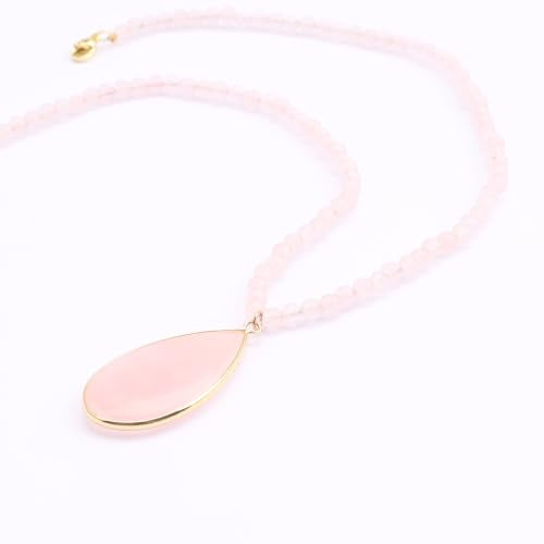 BaubleStar Teardrop Natural Crystal Healing Stone Pendant Necklace | Birthstone Quartz Necklace for Women, Multi-Color Available - color: Rose Quartz/Beaded Chain