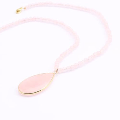 BaubleStar Teardrop Natural Crystal Healing Stone Pendant Necklace | Birthstone Quartz Necklace for Women, Multi-Color Available - color: Rose Quartz/Beaded Chain