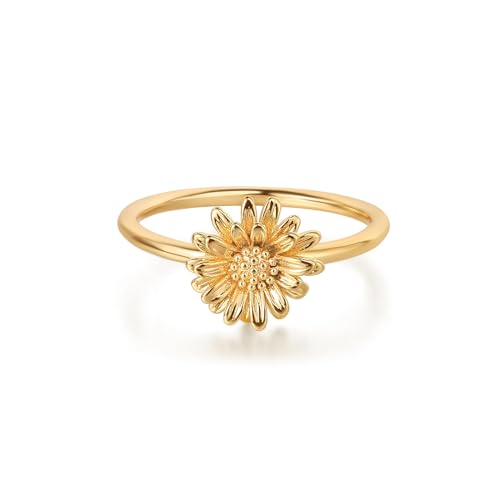 Birth Flower Stacking Ring for Women | 14K Gold Plated Brass, 12 Engraved Floral Motifs, Slim Stack-Ready Band, Available in US Sizes 5-9 - style: Apr.-Daisy