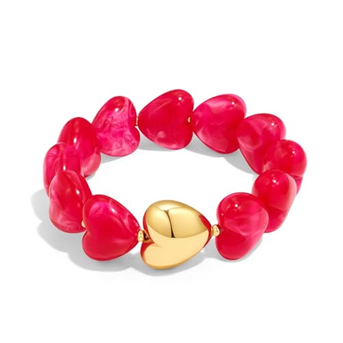 Multicolor Chunky Beaded Bracelet for Women Bold Acrylic Resin Stretch Bracelet Summer Beach Statement Bracelets Trendy Elastic Bangle Jewelry - color: Heart bracelet-rose red
