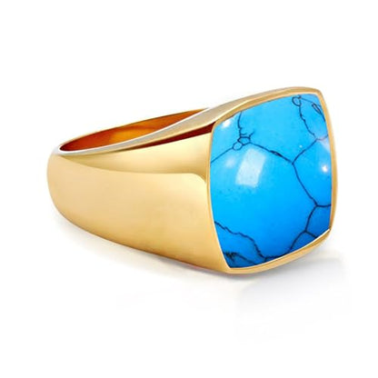 Square Cut Tiger Eye/Black Onyx/Turquoise/Lapis/Moss Agate Rings for Men 925 Sterling Silver 10K 14K 18K Gold Signet Rings for Men - style: Turquoise