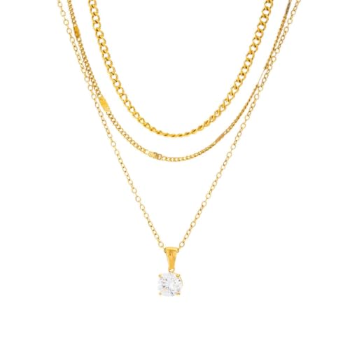 Layered Gold Necklaces for Women,18K Plated Gold Zirconia Necklace | Non Tarnish Trendy Jewelry Gift Cuban Chain Choker - color: color-3